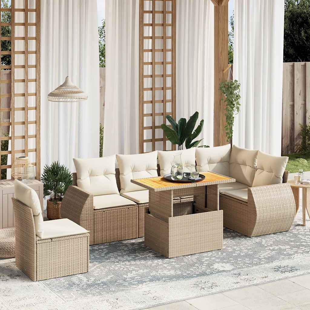 7-tlg. Garten-Sofagarnitur mit Kissen Beige Poly Rattan